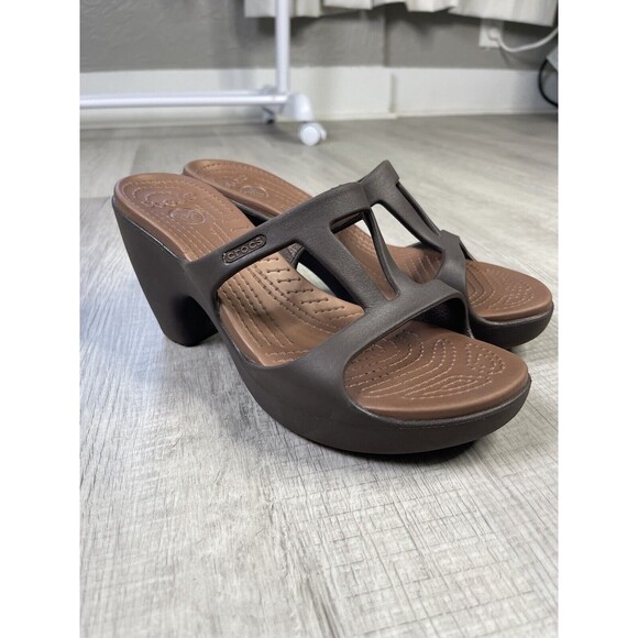 CROCS Women's Cyprus II Strappy Slip On Heels Shoes Size 10 Chocolate Brown B - Picture 3 of 9